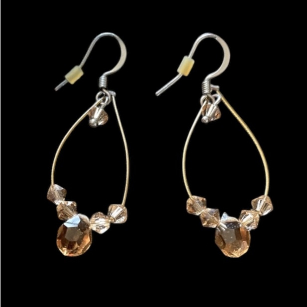 Drop Fashion Earrings Gold and Amber Tone Beaded Hand made